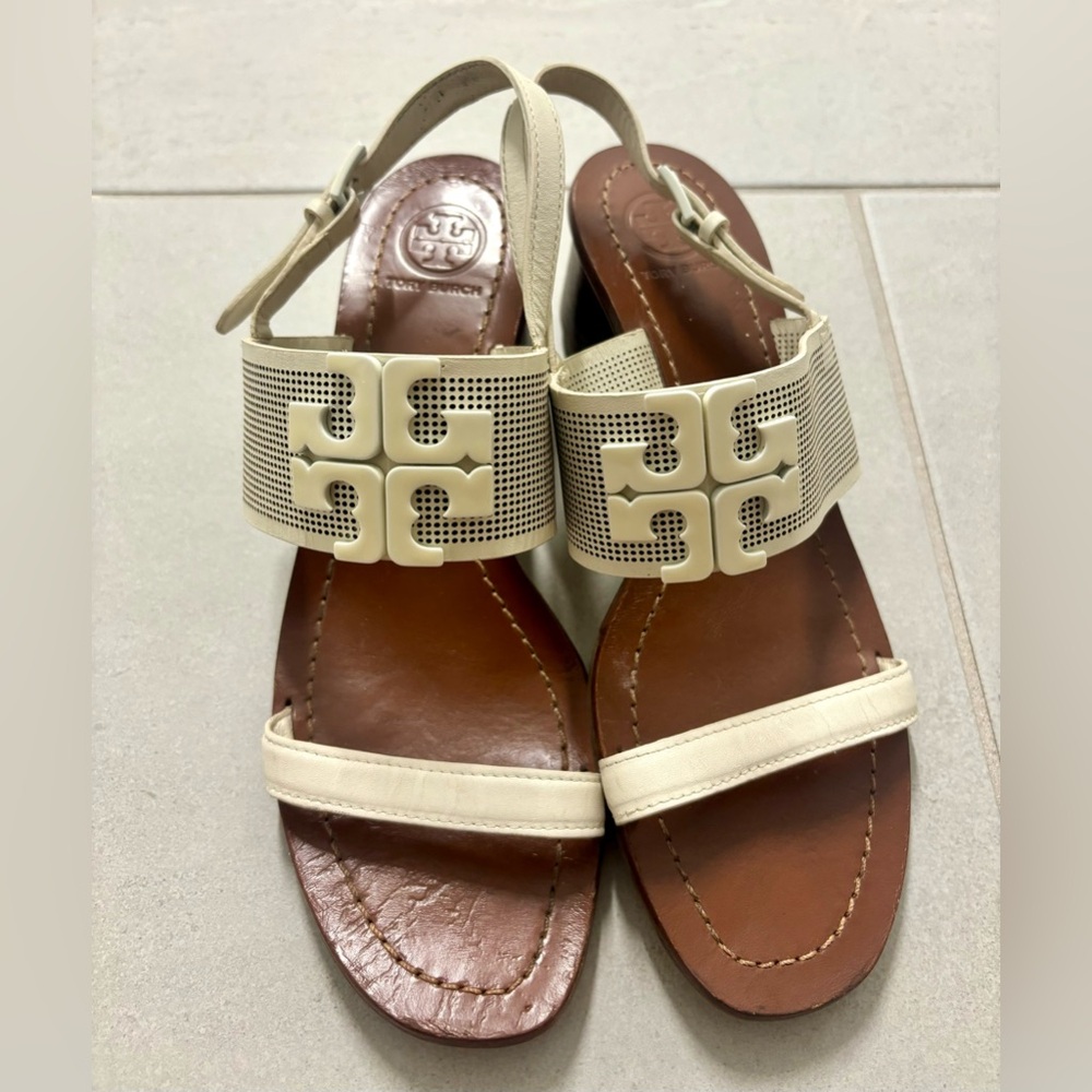 White Tory Burch Round Wedge Heels